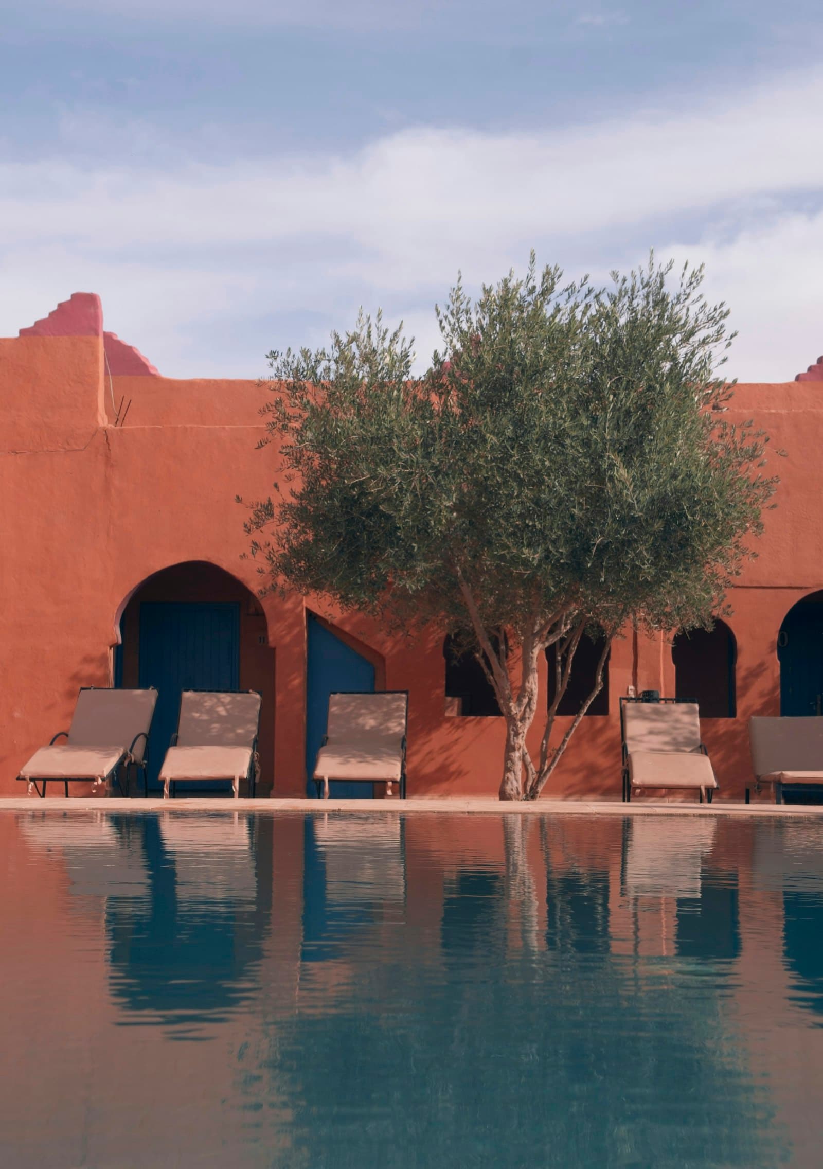 Swimming pool with sun loungers in front of terracotta walls and an olive tree (placeholder photo)