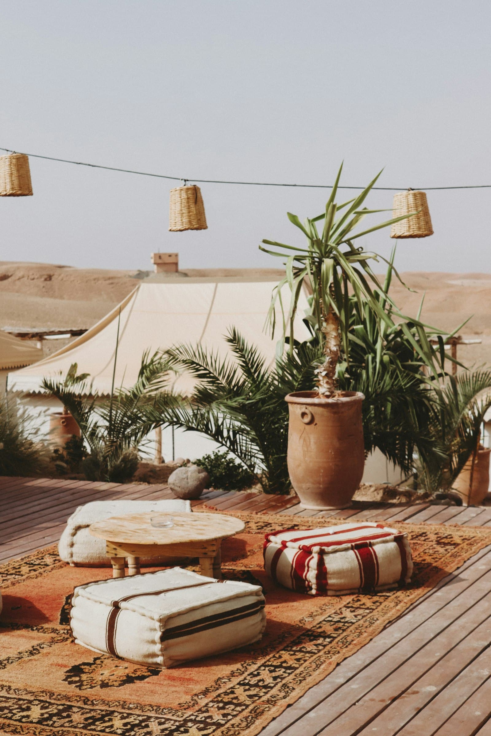 Rooftop lounge with floor cushions, rugs, lanterns and plants (placeholder photo)